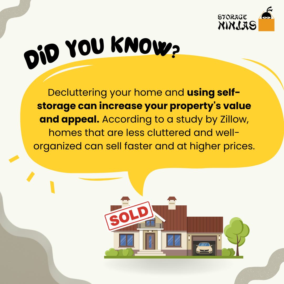 Cartoon Home with SOLD Sign and text bubble that says: Did You Know? Decluttering your home and using self-storage can increase your property's value and appeal. According to a study by Zillow, homes that are less cluttered and well organized can sell faster and at higher prices."